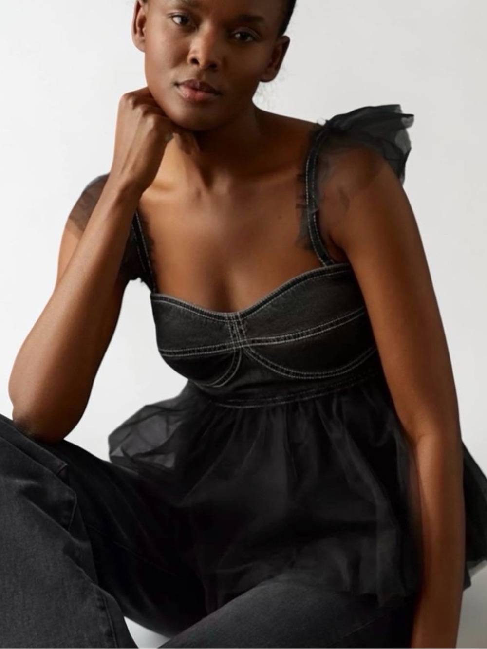 NEW SOLD OUT PILCRO DENIM TULLE SHOULDER DETAIL TULLE SKIRT PEPLUM TOP SIZE S